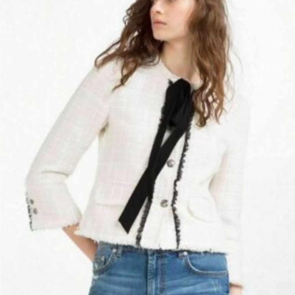 ZARA WOMAN BLACK BOW WHITE BLAZER JACKET Medium